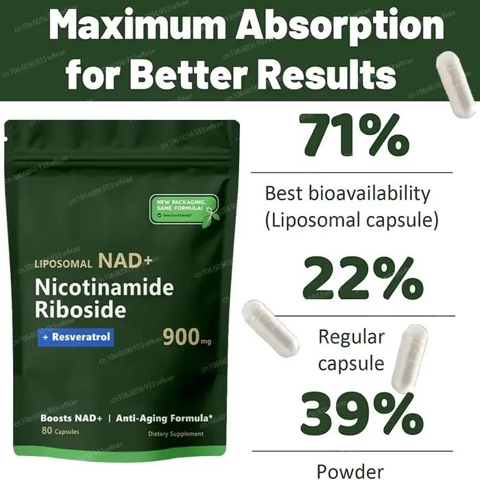 NAD + pur Nucleoside de Nicotinamide 900mg supplément de résvératrol Capsules végétariennes Anti-âge Support de mise au point énergétique
