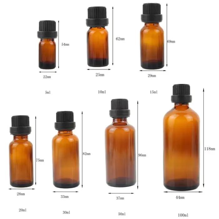 12 pièces 5 ml/10 ml/15 ml/20 ml/30 ml/50 ml/100 ml bouteille en verre d'huile essentielle ambre bouteilles compte-gouttes rechargeables conteneurs avec bouchon noir