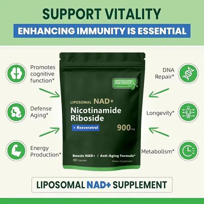 NAD + pur Nucleoside de Nicotinamide 900mg supplément de résvératrol Capsules végétariennes Anti-âge Support de mise au point énergétique
