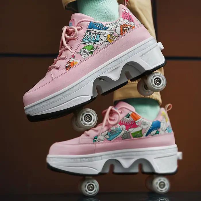 Chaussures de patin à roulettes à déformation, patins professionnels à double roue, parkour extérieur, baskets déformées avec 4 roues, cadeau