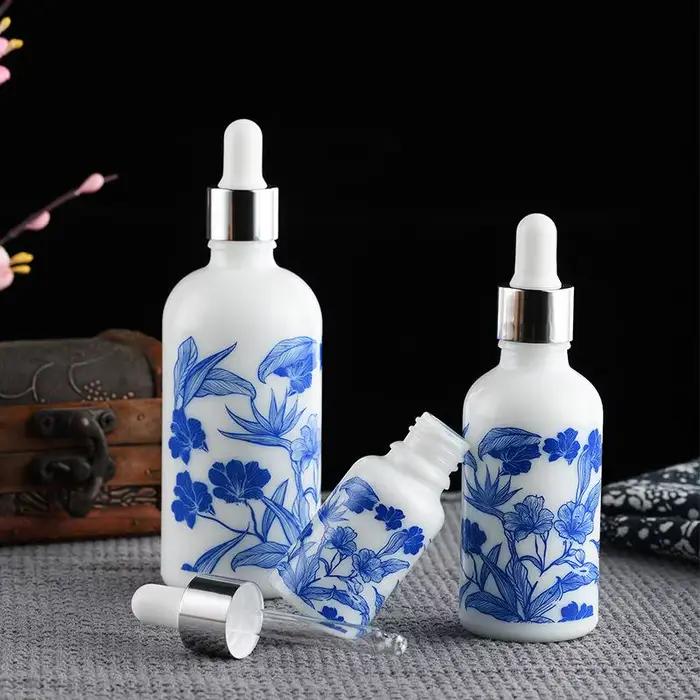 Flacons compte-gouttes en céramique bleue et blanche de 10/15/30 ml pour huiles essentielles