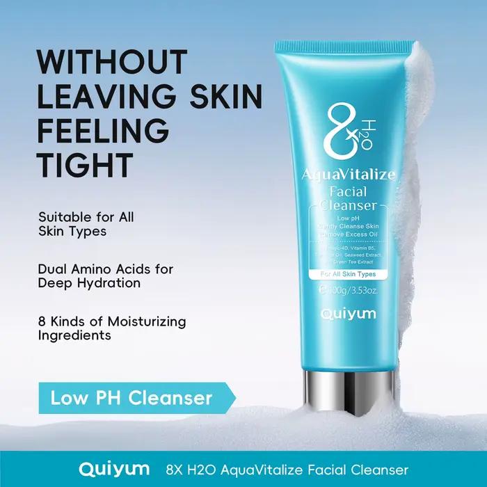 Nettoyant visage Quiyum 8X H2O AquaVitalize 100g, nettoyage quotidien doux, contrôle du sébum, rafraîchissant, pour tous types de peaux