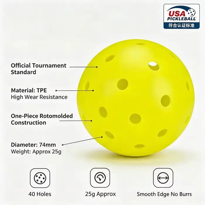 Balles de pickleball de compétition à 40 trous, en PE rotomoulé, rebond stable, résistantes aux fissures, lot de 10 pour l'entraînement et les matchs de pickleball