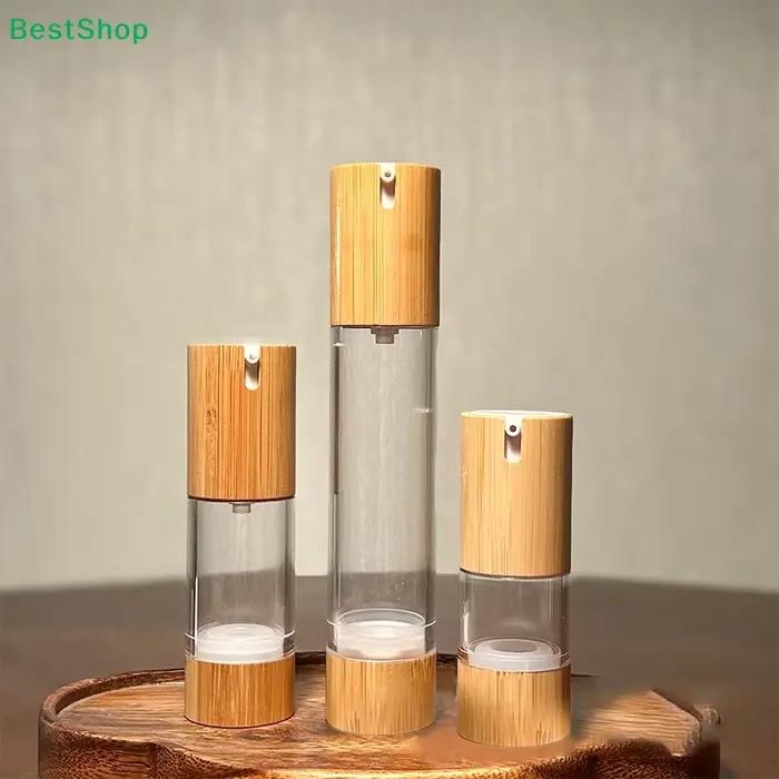 Bouteilles à pompe sans air en bambou et verre - Contenants de voyage rechargeables pour les soins de la peau et les cosmétiques