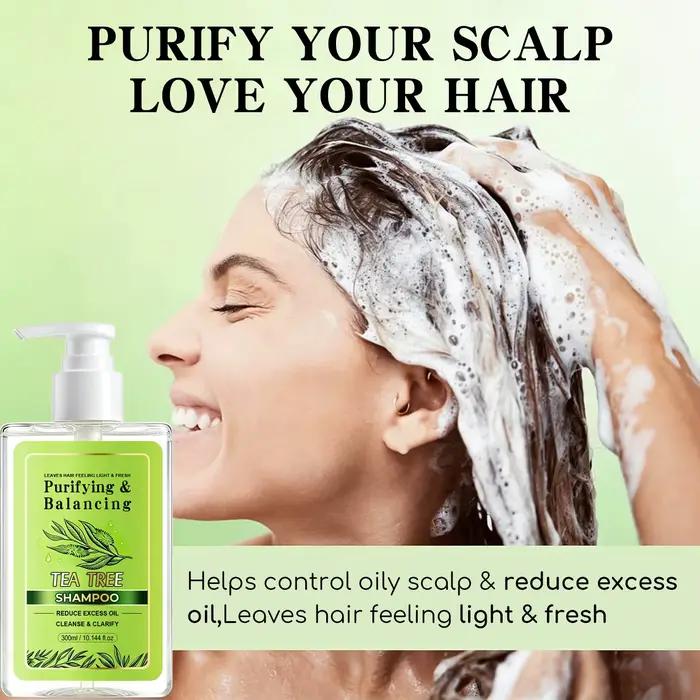 Shampoo à l'arbre à thé – 300 ml. Formule purifiante et équilibrante qui réduit l'excès de sébum et nettoie en profondeur le cuir chevelu. Enrichi en huile d'arbre à thé