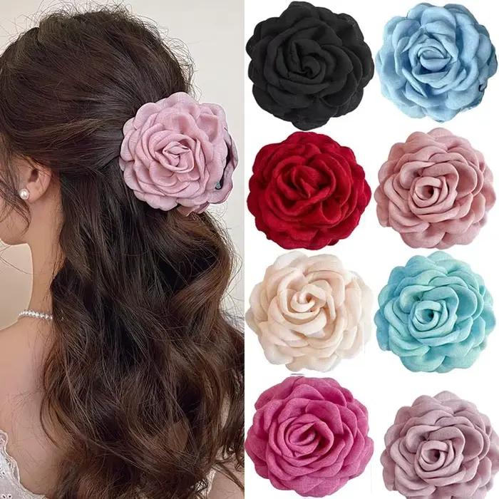 Pince à cheveux française romantique en forme de fleur de Rose pour femmes, grande pince à requin élégante, Barrettes queue de cheval, accessoires pour cheveux de fille, couvre-chef
