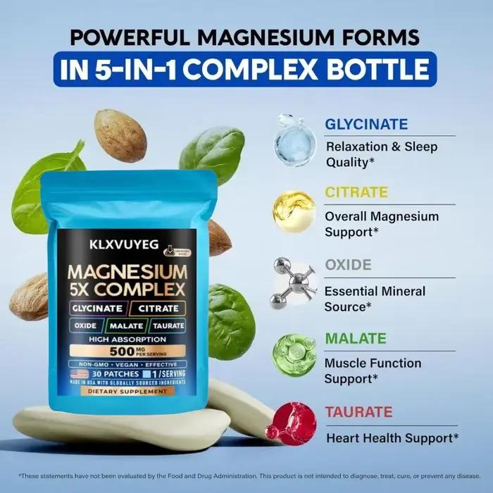 Complément de magnésium - Complexe 5 en 1 500 mg | | glycinate | | citrate | | malate | Oxide - Soutien pour le stress, les muscles et le cœur, 30 patchs