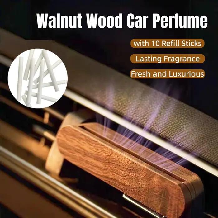 Diffuseur de parfum pour voiture en bois à clipser sur grille d'aération avec 10 bâtonnets de recharge