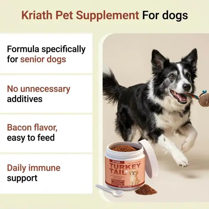 100g Complément alimentaire pour chiens âgés Tarkey Tail, Soin des articulations, Soin intestinal, Soin de la peau, Soutien immunitaire, Probiotiques, Saveur bacon