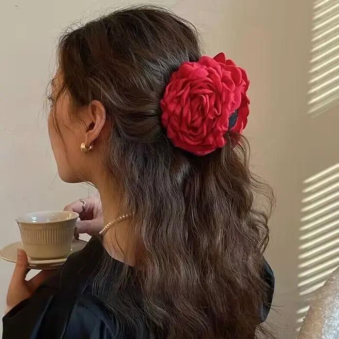 Pince à cheveux française romantique en forme de fleur de Rose pour femmes, grande pince à requin élégante, Barrettes queue de cheval, accessoires pour cheveux de fille, couvre-chef