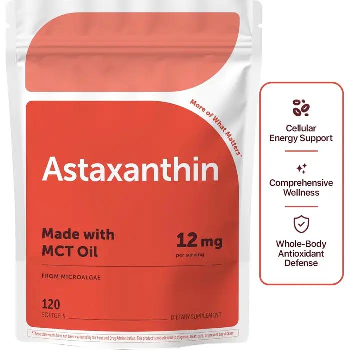 Astaxanthine 12 mg avec huile MCT, complément antioxydant premium à base d'astaxanthine, soutient la vision, le système immunitaire et le bien-être général