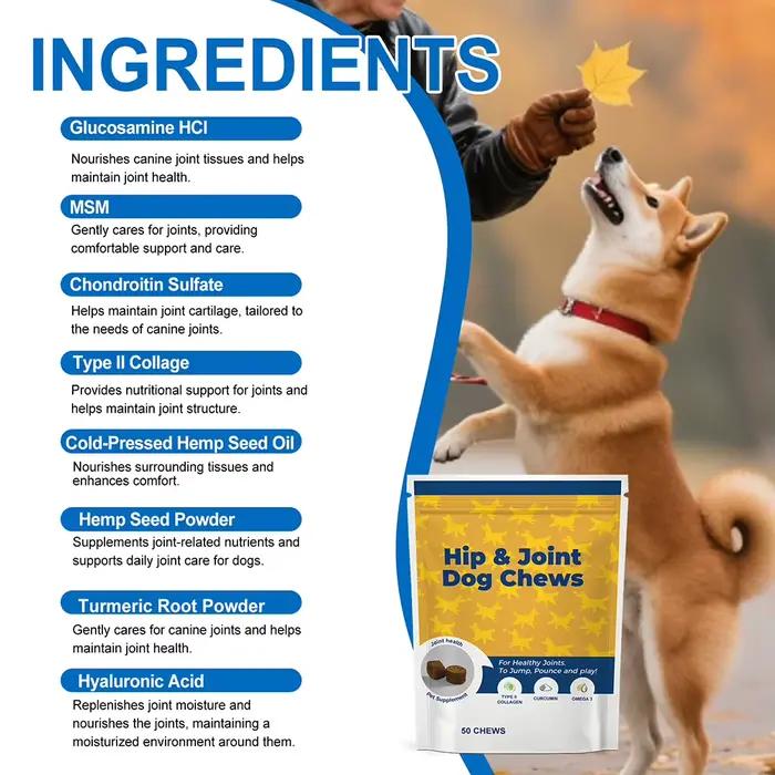 Complément articulaire pour chiens, 50 comprimés à mâcher, collagène, glucosamine, chondroïtine, pour la santé canine, oméga 3, curcumine