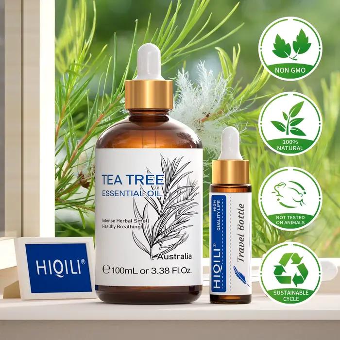 HIQILI Huile Essentielle d'Arbre à Thé, Différents Volumes (10/30/100/500mL), 100% Naturelle, Parfum d'Ambiance, Humidificateur, Bougie