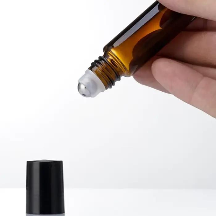 Lot de 5 flacons roll-on vides de 10 ml en verre ambré épais avec bille roulante en acier pour huiles essentielles et parfums – Recharge aromathérapie