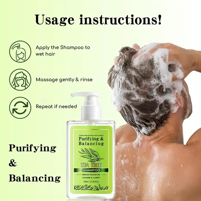 Shampoo à l'arbre à thé – 300 ml. Formule purifiante et équilibrante qui réduit l'excès de sébum et nettoie en profondeur le cuir chevelu. Enrichi en huile d'arbre à thé